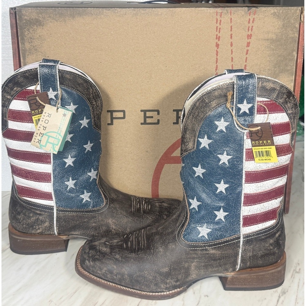 Roper Mens American Flag Western Boots Distressed Brown Leather Square Toe 10.5D